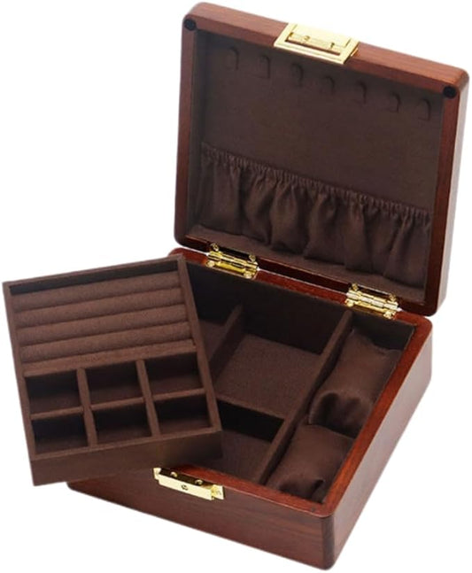 Bescott 2 Layer Solid Wooden Jewelry Box with Lock and Key for Women Men Vintage Velvet Wood Jewelry Organizer Storage for Earrings Rings Necklaces Bracelet Watch Mother’s Day Gift