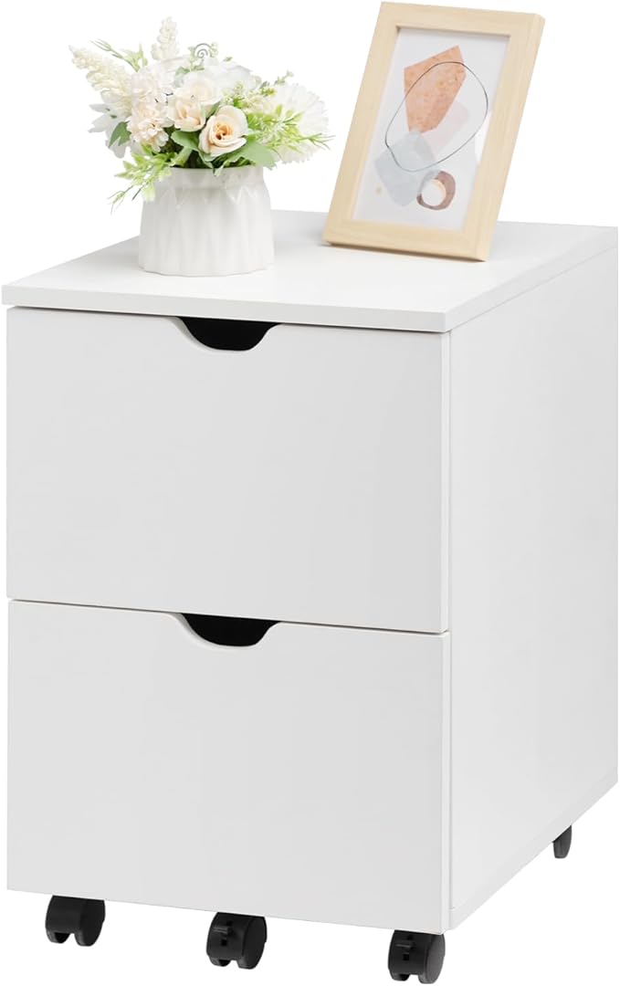 HollyHOME Under Desk Cabinet, Deep 2-Drawer Mobile Wood Cabinet, Storage Drawer for Home, Rolling Shelf for Office, Rolling Printer Stand, for A4, Modern, White