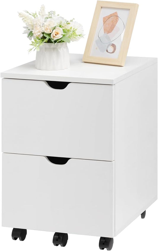HollyHOME Under Desk Cabinet, Deep 2-Drawer Mobile Wood Cabinet, Storage Drawer for Home, Rolling Shelf for Office, Rolling Printer Stand, for A4, Modern, White