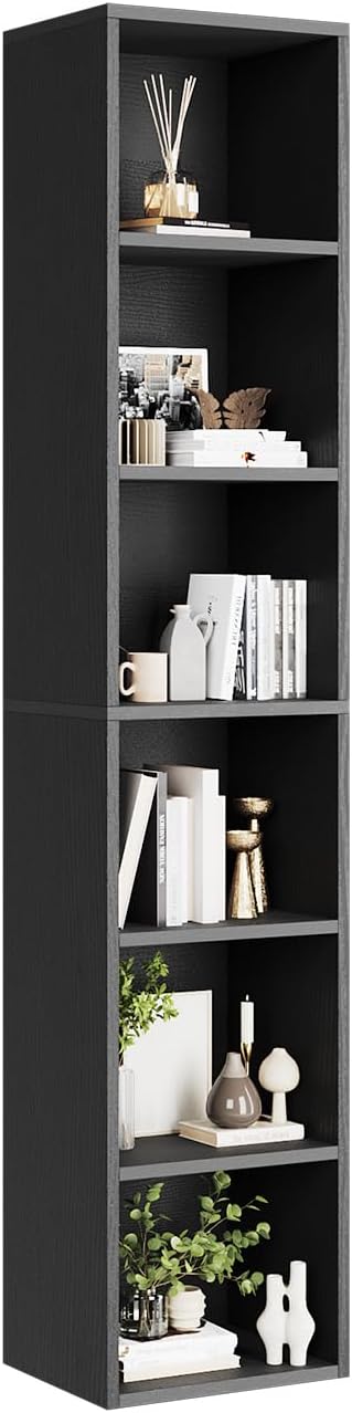 oneinmil 71.5" Tall Narrow Bookshelf, 6-Tier Cube Display Rack, Modern Corner Bookshelf with Storage Space, CD Storage Cabinet for Home Office (Black 1 Pack, 6-Tier)