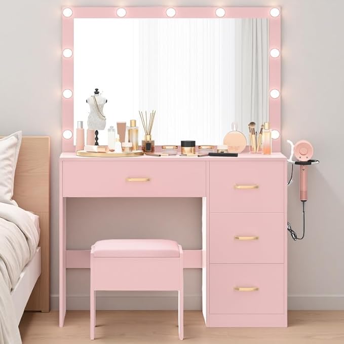 DWVO Vanity Desk with Large Mirror and Lights, Makeup Vanity Set with 11 LED Bulbs and Power Outlet, 4 Storage Drawer, Dressing Table with 3-Color Adjustable Lighting, Vanity Stool, Pale Pink