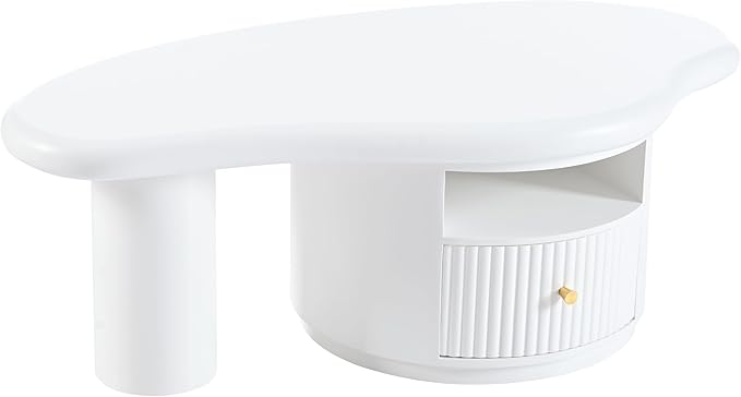 WILLIAMSPACE 43.3" Cloud Coffee Table with Drawer and Shelf, Modern Irregular Shape Coffee Table Storage Center Table Accent Side End Table for Living Room Apartment, White