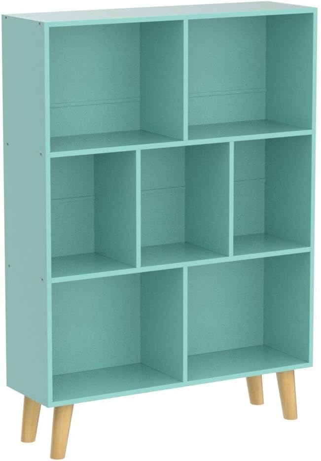 LEYAOYAO 7 Cube Bookshelf 3-Tier Bookcase with Legs, Mint-Green Kids Book Shelf Cute Storage Organizer, Toy Shelves Bookshelves,Wood Display Bookcases