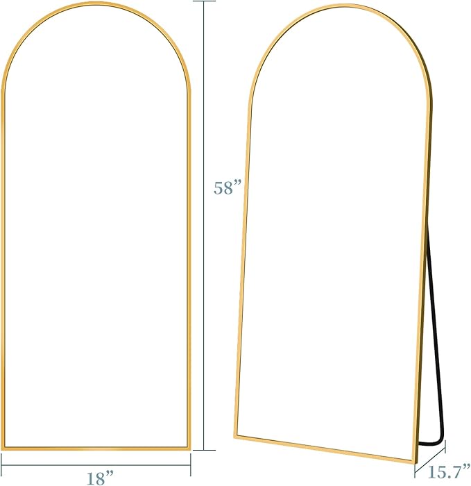 Full Length Mirror with Stand, 58"x18" Arched Full Body Mirror, Large Stand Up Aluminum Frame Floor Freestanding Hanging Leaning Mounted for Bedroom Living Room Entryway Gold