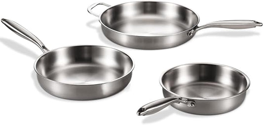 Tri-Ply Stainless Steel Pan Set, PFOA and PTFE-Free Skillet Griddle, Stainless Steel Pan Set with Lid for the Kitchen, Induction-Compatible Cookware Sets, Dishwasher and Oven Safe