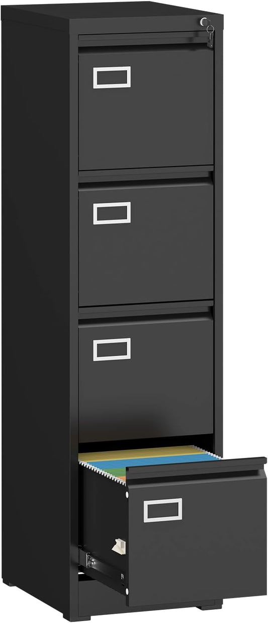 LUCYPAL 4 Drawer File Cabinet with Lock and Tag,Black Metal Filing Storage for Home Office,Steel Locking Filing Cabinets with Drawers for A4 Legal/Letter Size,Vertical File Cabinet