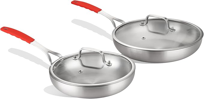 DELARLO Tri-ply Stainless Steel Frying Pan Set with Lid 8" 12" large Skillets Induction Chef's Pan,Pots and Pans Set Kitchen Cookware Set Dishwasher and Oven Safe