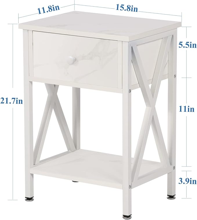 VECELO Nightstand,Modern Bedside End Table, Night Stand with Drawer and Storage Shelf for Living Room Bedroom, Industrial Metal Frame