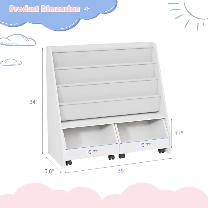 Kids Bookshelf with Two Movable Drawers Toddler Bookcase with Toy Storage Organizer Child Sling Book Rack Baby Cabinet Chest with Wheels for Nursery,Playroom,Bedroom,Living Room,Classroom