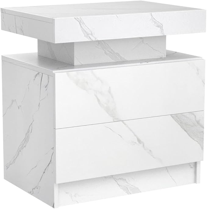 LED Nightstands, Modern End Side Table with 2 Drawers, LED Bedroom Furniture for Bedroom and Living Room, White Marble Pattern