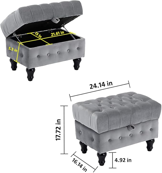 Artechworks Rectangular Storage Coffee Table Ottoman,Button Tufted Upholstery Footstool Bedroom Ottoman for Living Room, Home Office, Space-Saving Storage Toy Box Stool, Grey