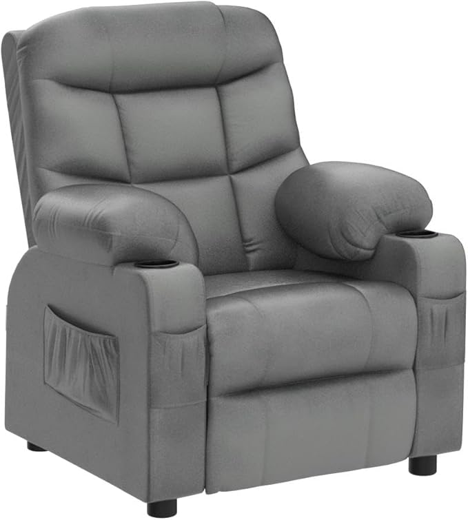 Costzon Kids Recliner Chair with Cup Holder, Adjustable Velvet Lounge Chair w/Footrest & Side Pockets for Children Boys Girls Room, Ergonomic Toddler Furniture Sofa Gifts, Kids Recliner (Gray)