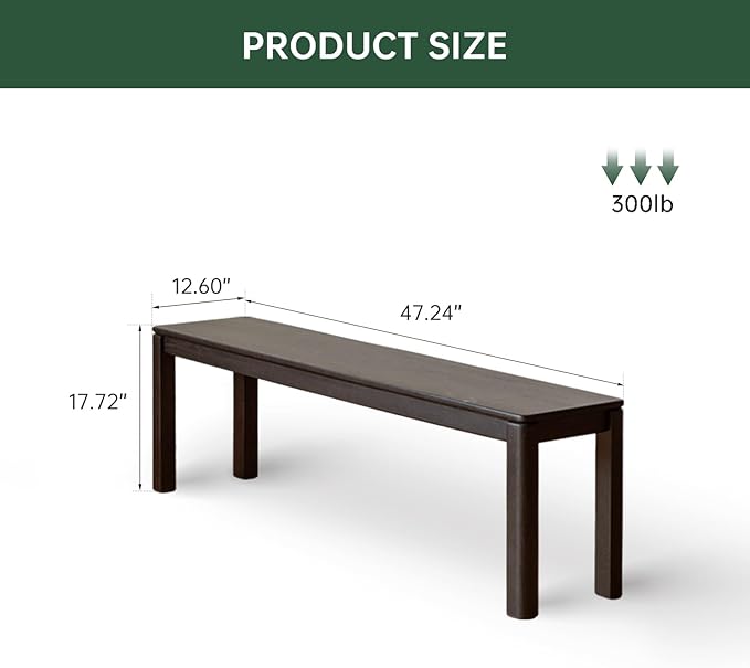 47.2'' 100% Solid Wood Dining Bench, Oak Wood Long Bench for Dining Table, End of Bed, Entryway, Hallway, Sofa Back, Suqare Bench for Dining Room Kitchen Bedroom Living Room, Black