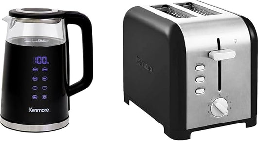 Kenmore Electric Tea Kettle 1.7L Hot Water+Kenmore 2-Slice Toaster, Black Stainless Steel