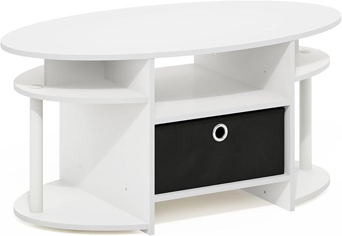 Furinno Jaya Simple Design Oval Coffee Table with Bin, White/White/Black