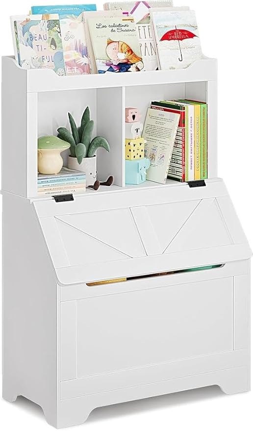 Spacious 3-tier Wooden Kids Bookcase and Toy Storage Organizer with Flip-Top Lid, Versatile Design for Playroom, Bedroom, Nursery, and Kindergarten - Child-Friendly Toy Chest Organizer