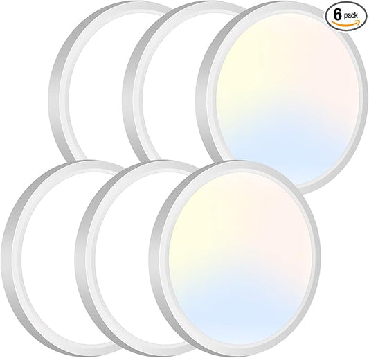 zemty 6Pack LED Ceiling Light Fixture, 6.5 Inch 12W 1200lm Flush Mount Light Fixtures, Bright & Adjustable 3000K 4000K 6500K, Round Flat Ceiling Lamp for Bathroom Closet Pantry Hallway