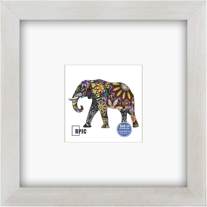 RPJC 8x8 Soild Wood Picture Frame with High Definition Glass Display Pictures 4x4 with Mat or 8x8 Without Mat for Wall Mounting Hanging Photo Frame Rustic White