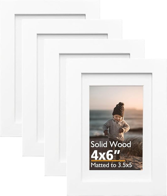 KINLINK 4x6 Frame White, Solid Wood 4 x 6 Picture Frame with Acrylic Plexiglass for 3.5x5 with Mat, Tabletop and Wall Display Photo Frames 4x6 White, 4 Pack