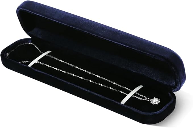 Resilient Velvet Ring Earrings Bracelet Necklace Display Box, Travel Mini Jewelry Organizer Case (Blue, Long Chain Box)