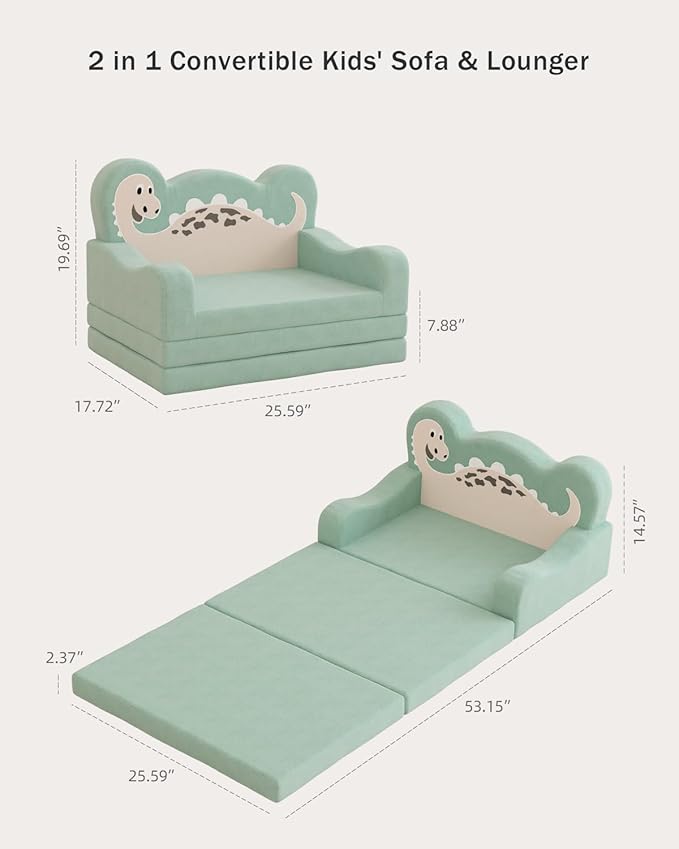 2-in-1 Kids Couch Fold Out, Convertible Toddler Couch to Lounger, Toddler Chair Comfy, Kids Sofa for Girls and Boys, Gift for Birthday, Children's Day, Dinosaur Green