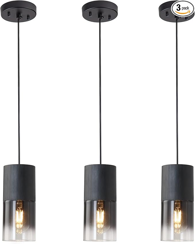 3-Pack Black Pendant Light Fixtures, Adjustable Modern Pendant Lights for Kitchen Island, Industrial Glass Pendant Lights for Dining Table Hallway Bedroom Living Room