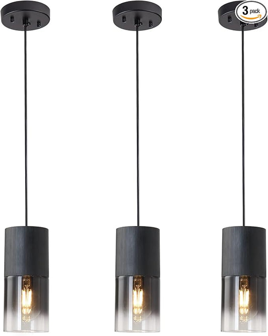 3-Pack Black Pendant Light Fixtures, Adjustable Modern Pendant Lights for Kitchen Island, Industrial Glass Pendant Lights for Dining Table Hallway Bedroom Living Room
