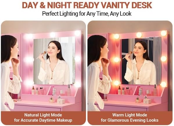 Vanity Desk with Mirror and Lights, Makeup Dressing Table w/Adjustable Bulbs, Outlets & USB Ports, Sturdy MDF Top & Metal Leg, Smart Storage Drawers & Cabinets for Bedroom