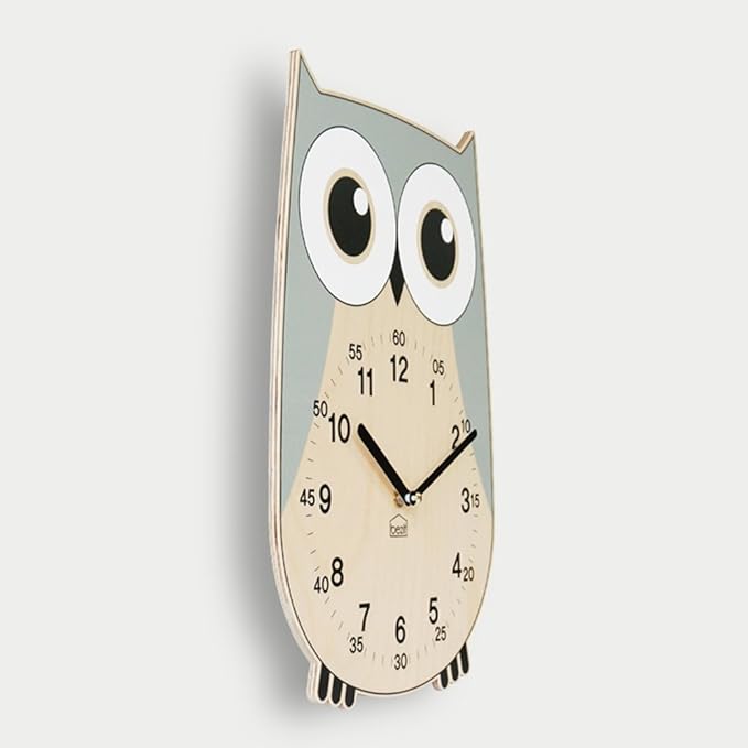 Non-Ticking, Silent 11-Inch Wall Clock – Decorative, Modern, Clean, Cute, Kid-Friendly Design for Indoor, Office, Home, Baby Room (Grey Owl)