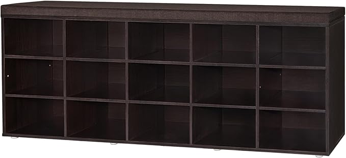 DINZI LVJ Shoe Storage Bench with Cushion, 15-Cubby Shoe Rack, Adjustable Shelves, Long Shoe Organizer Bench for Entryway, Mudroom, Hallway, Living Room, Bedroom and Garage