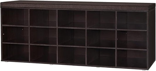 DINZI LVJ Shoe Storage Bench with Cushion, 15-Cubby Shoe Rack, Adjustable Shelves, Long Shoe Organizer Bench for Entryway, Mudroom, Hallway, Living Room, Bedroom and Garage