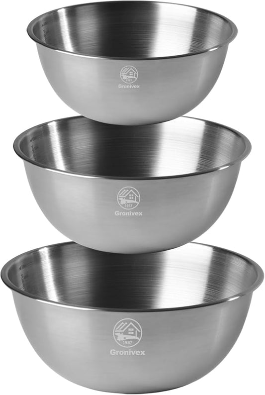 3-Piece Stainless Steel Mixing Bowls Set (6.69" 7.48" 8.27" inch) - Food Grade 304 with Measurement Marks, Dishwasher Safe & Stackable - Perfect for Baking, Salad Making, Meal Prep and Kitchen Use