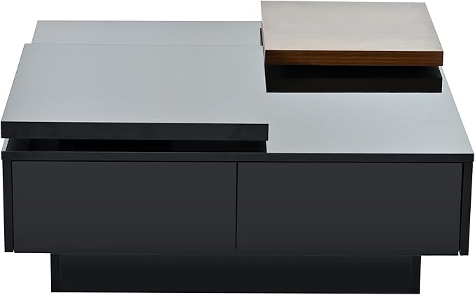WILLIAMSPACE 31.5" Movable Top Coffee Table with 4 Hidden Storage Drawers & High Gloss Finish, Modern Square Wood Center Table Accent Side End Tea Table for Living Room, Black