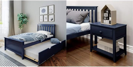 Max & Lily Twin Bed with Trundle and Nightstand, Wood Bed Frame with Headboard for Kids, Blue