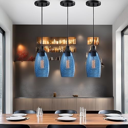 Mini Glass Pendant Light,4.72" Dark Blue Glass Hanging Light 3-Pack Handblown Clear Blue Seeded Shade Adjustable Cord Ceiling Light Fixture for Kitchen Island Sink