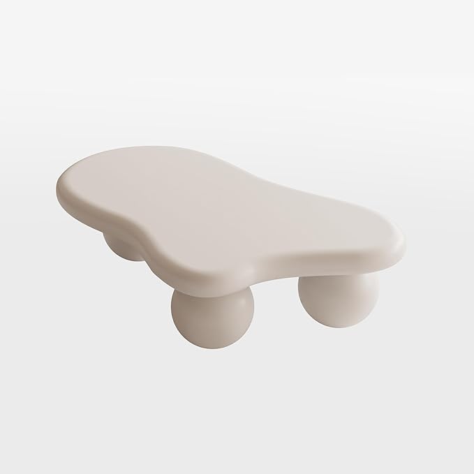 40 Inch Cloud Shaped Coffee Table with 3 Ball Legs for Living Room Cream White