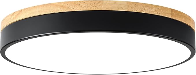 Dimmable Wood LED Ceiling Light, 5CCT 2700K-6000K Modern Black Flush Mount Ceiling Light, Minimalist Round Close to Ceiling Light Fixture for Living Room, Bedroom, Kitchen, 15.74in
