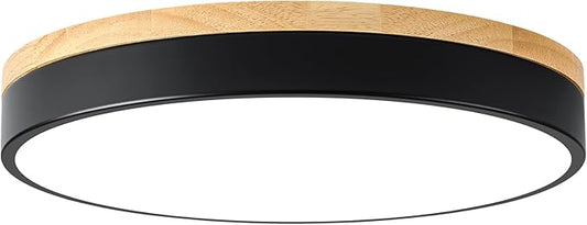 Dimmable Wood LED Ceiling Light, 5CCT 2700K-6000K Modern Black Flush Mount Ceiling Light, Minimalist Round Close to Ceiling Light Fixture for Living Room, Bedroom, Kitchen, 15.74in