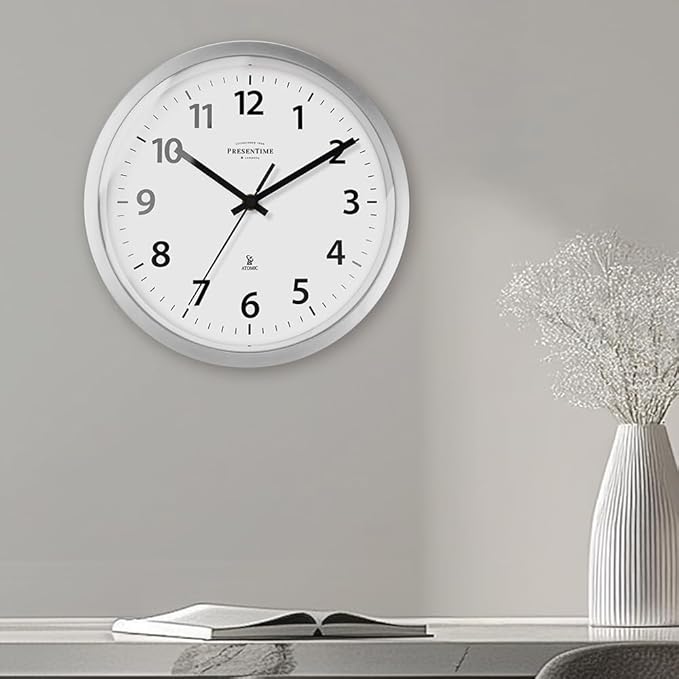 Presentime & Co 10" Atomic Wall Clock, Silent no Ticking, Automatically Sets Itself and Adjust to Daylight Saving Time by WWVB - Faux Stainless Steel Finish. (Home Office)