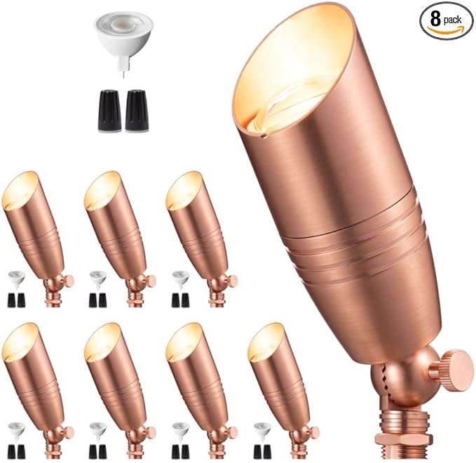 Spot Light Brass - Outdoor Landscape Spotlights LED, 12V Low Voltage Landscaping Uplights, Hard-Wired All Weather Copper for Backyard Lawn with Cold White Changeable Bulbs (8 Pack)
