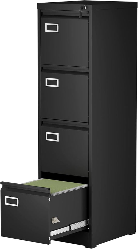 4 Drawer File Cabinet with Lock,Vertical Narrow Filing Cabinets for Home Office, Metal Black File Cabinet for A4 Legal/Letter Size