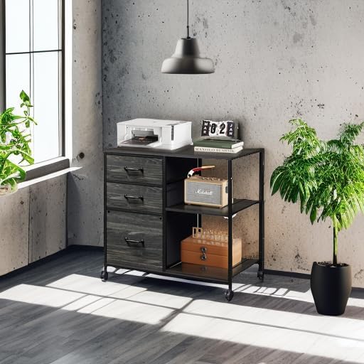 DEVAISE 3 Drawer Mobile File Cabinet, Rolling Printer Stand with Open Storage Shelf, Fabric Lateral Filing Cabinet fits A4 or Letter Size for Home Office, Charcoal Black Wood Grain Print
