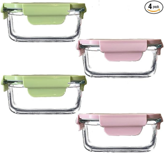 Square Glass Food storage Containers with Airtight Lids, 2 cup Food Meal Prep Containers, Square Glass Bowl For Lunch Sandwich Fruit Snack, Dishwasher Microwave Freezer Safe- (Pink+Green)