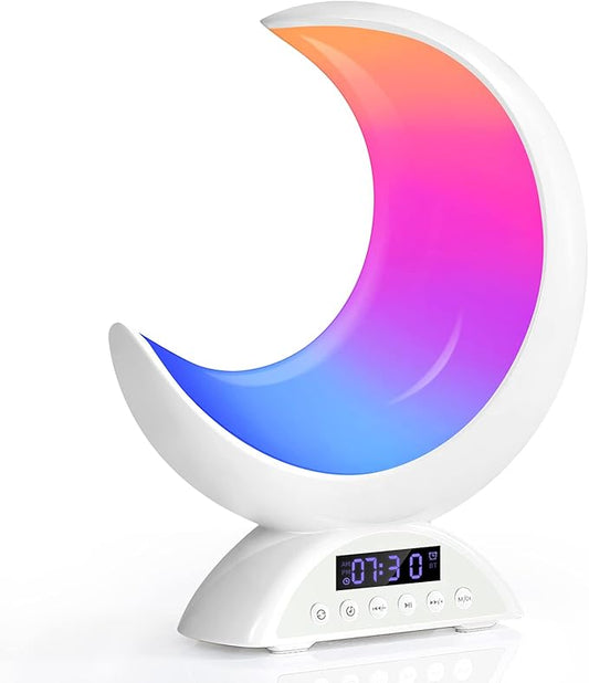 Touch Moon Table Lamp with Time Alarm Clock, RGB Adjustable Light with Bluetooth, with Scene Mode and Music Mode, Warm White LED Moon Light, Suitable for Home Decoration, Bedroom Living Room Desk.