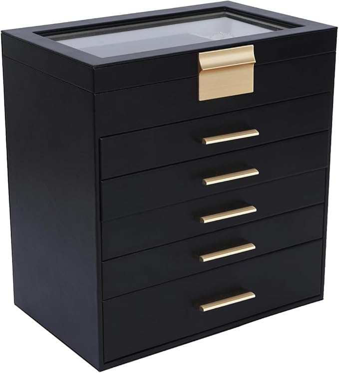 BOOVO Jewelry Box for Women, Black 6 Layer Large Jewelry Organizer with Glass Lid for Necklace, Bracelet, Earrings, Rings Storage, Jewelry Organizers and Storage for Girls Gift (Clear Black, 6 layer)