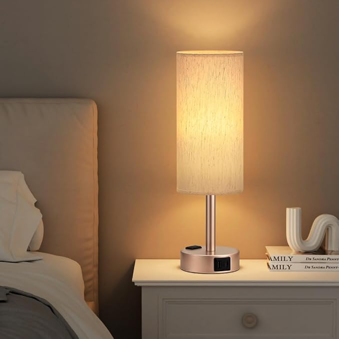 Bedside Table Lamp for Bedroom - 3 Way Dimmable Touch Lamp USB C Charging Ports and AC Outlet, Small Lamp Gold Base Round Flaxen Fabric Shade for Living Room, Desk, LED Bulb Included