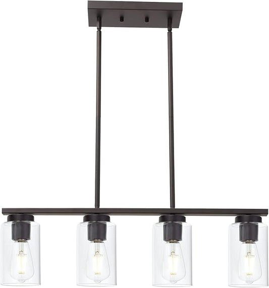 Farmhouse Dining Room Chandelier 4-Lights Kitchen Island Light, Clear Glass Pendant Lighting Fixtures in Oil Rubbed Bronze