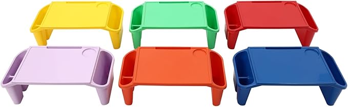 6 Pcs Kids Lap Desk Tray, Plastic Breakfast Lap Desk Trays with Side Pockets and Slot, Portable Lap Table Snack Tray for Eating, Writing, Drawing, Game, 19.69" L x 9.84" W x 7.1" H (6 Colors)