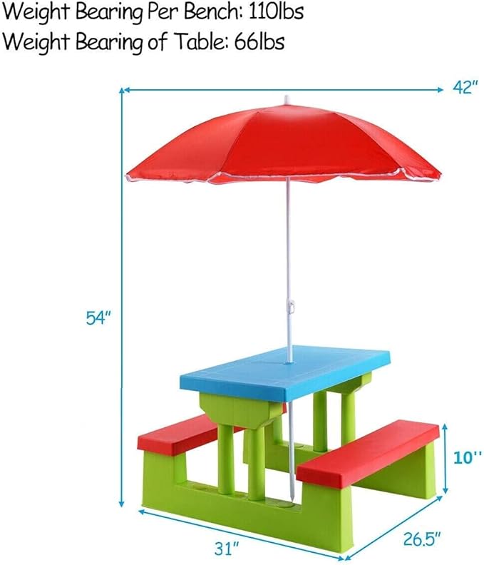 Costzon Kids Picnic Table, Indoor & Outdoor Plastic Table and Bench with Removable Umbrella, Portable Toddler Picnic Table and Chair Set for Garden, Backyard, Patio