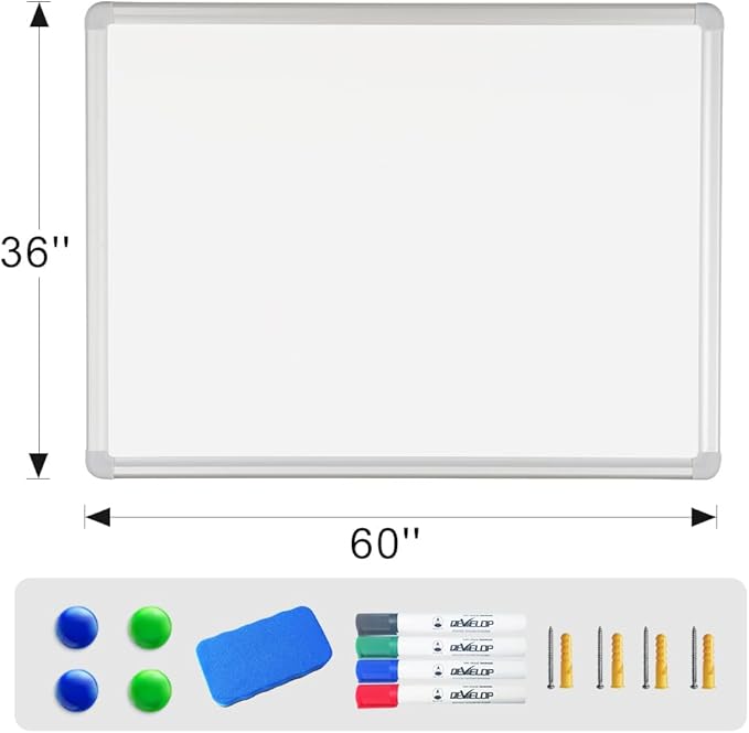DEVELOP Large Magnetic Dry Erase Board, 60" X 36", Hanging Whiteboard for Home Office School Supplies, Silver Aluminium Frame with Detachable Marker Tray, 4 Markers, 1 Eraser and 4 Magnets
